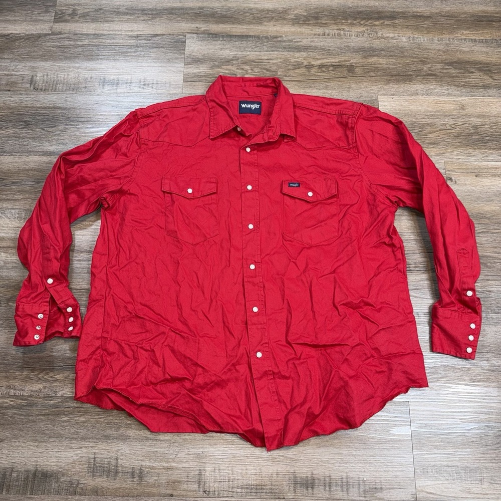 VTG Wrangler Shirt Mens 2XL Long Sleeve Red Pearl Snap Cowboy Cut Western Wear